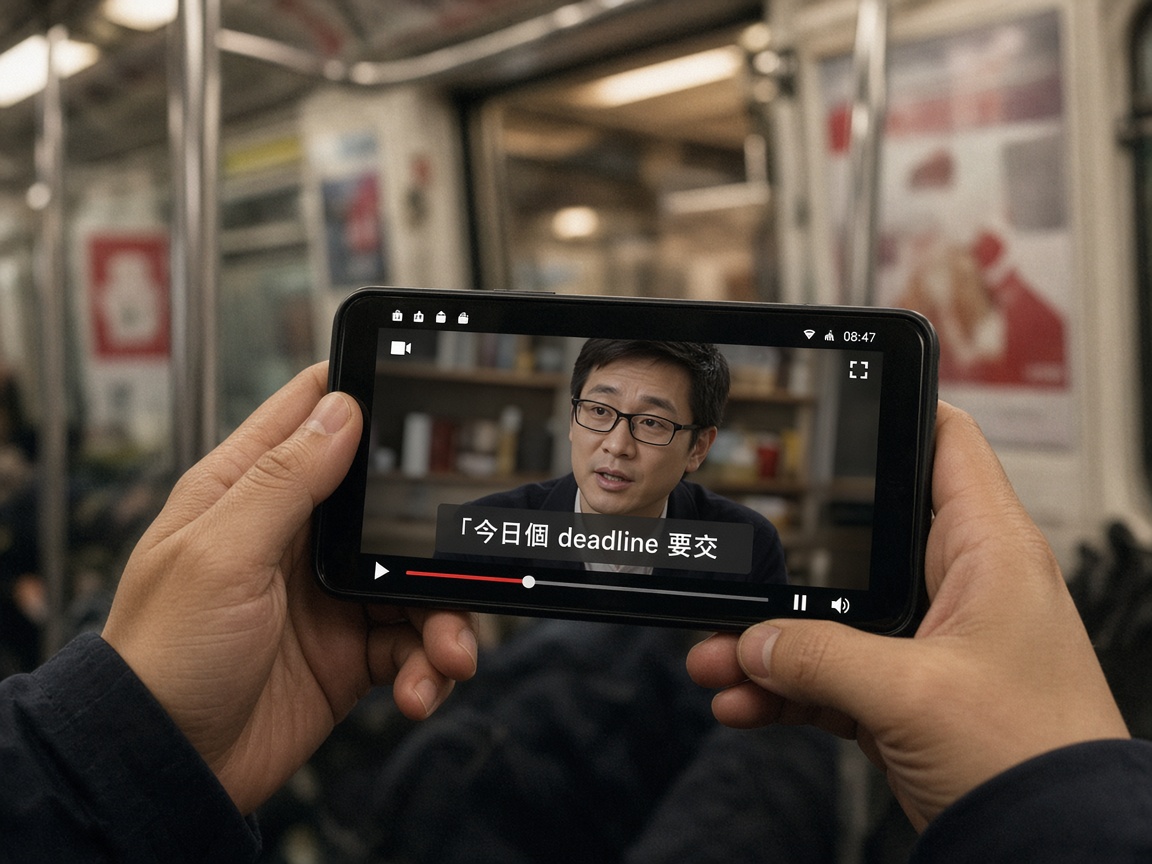手機音量列旁開啟即時字幕，畫面疊着繁中字但口播是廣東話