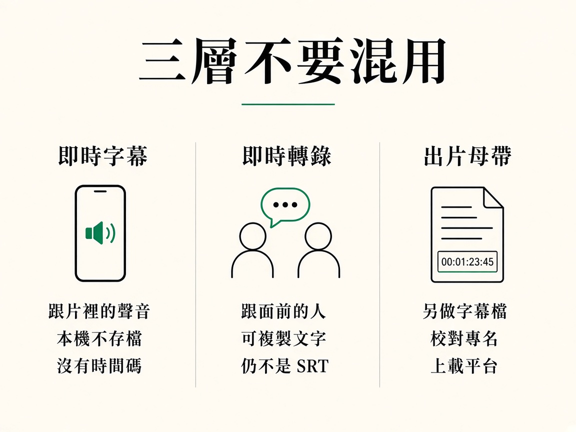 三欄對照：即時字幕跟片、即時轉錄跟面前的人、出片要另做 SRT