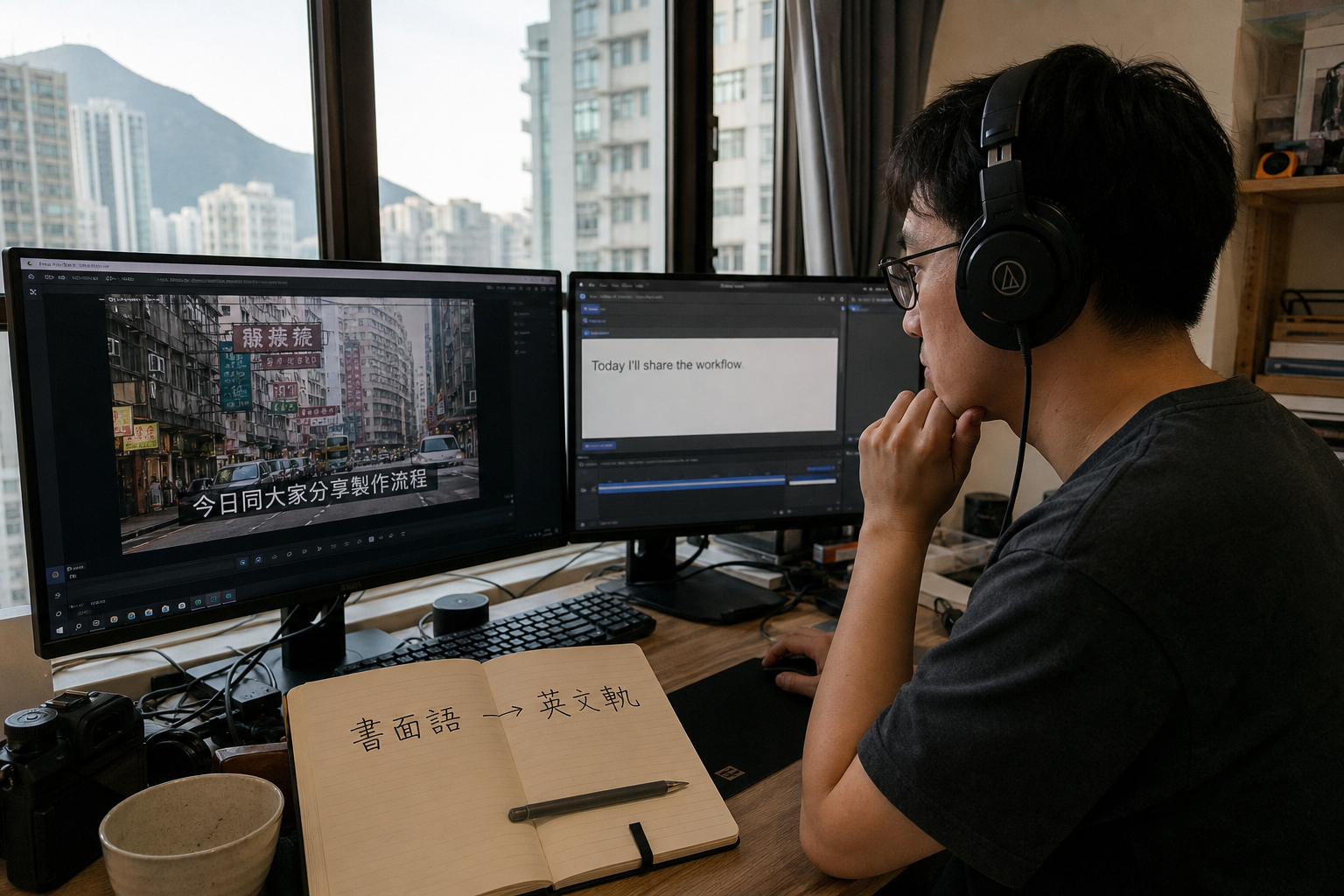 創作者在書桌前對照筆電上的中英字幕時間軸與紙本筆記