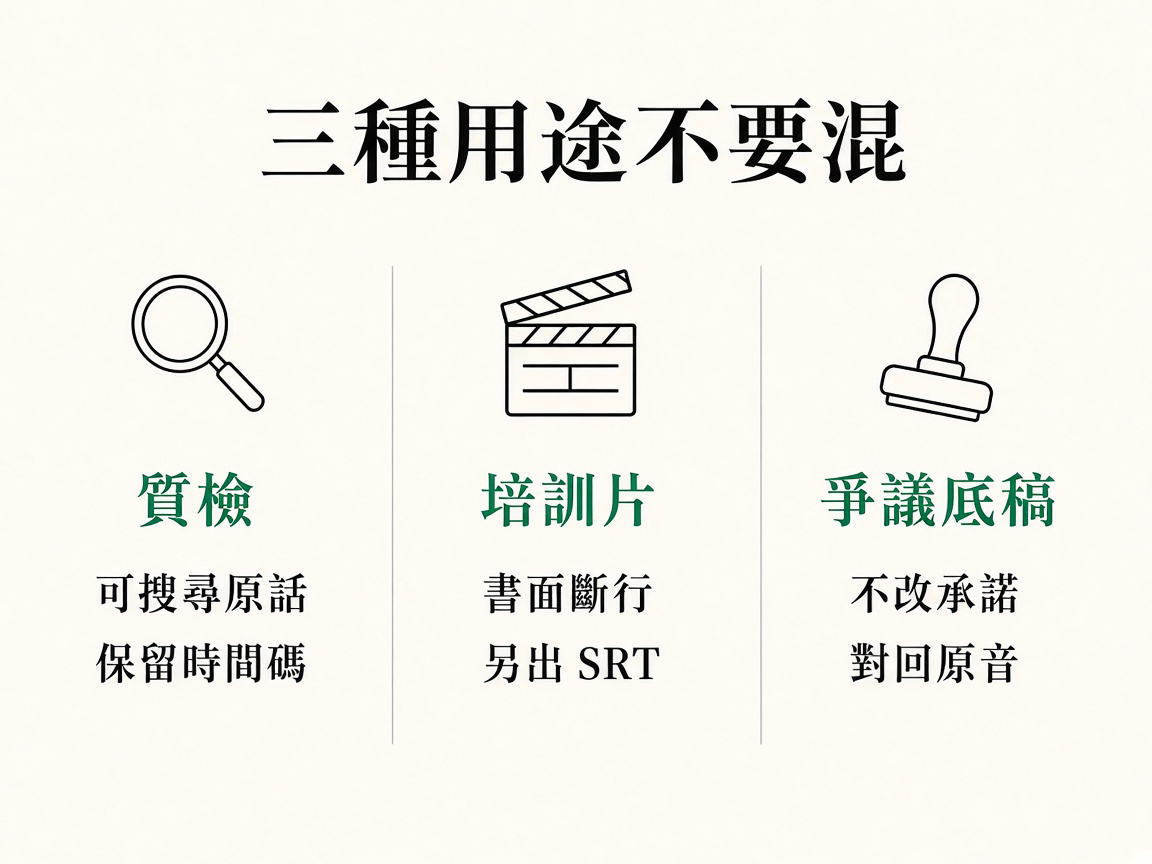 三欄圖：質檢要可搜尋原話、培訓片要書面斷行、爭議底稿不准把口頭承諾寫成保證