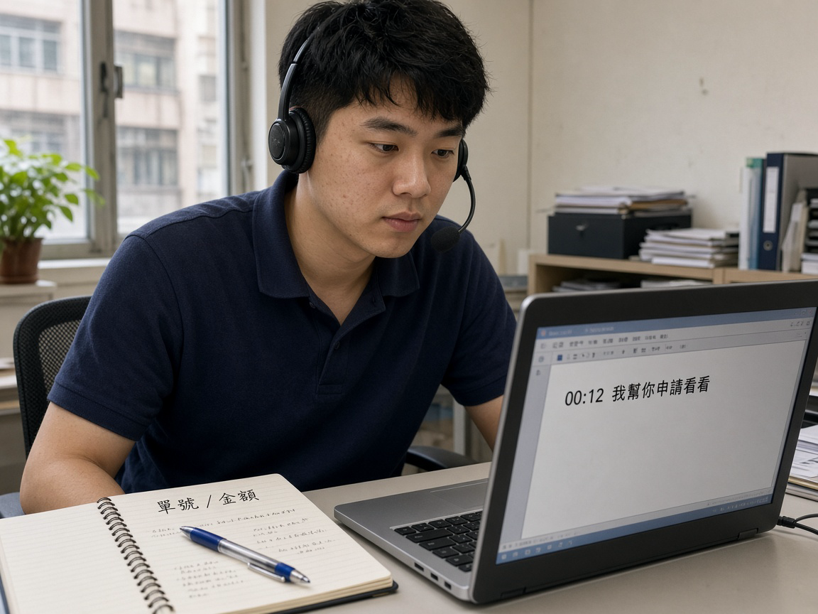 客服培訓室耳機與螢幕，螢幕上是帶時間碼的通話文字底稿，便利貼寫着單號與金額
