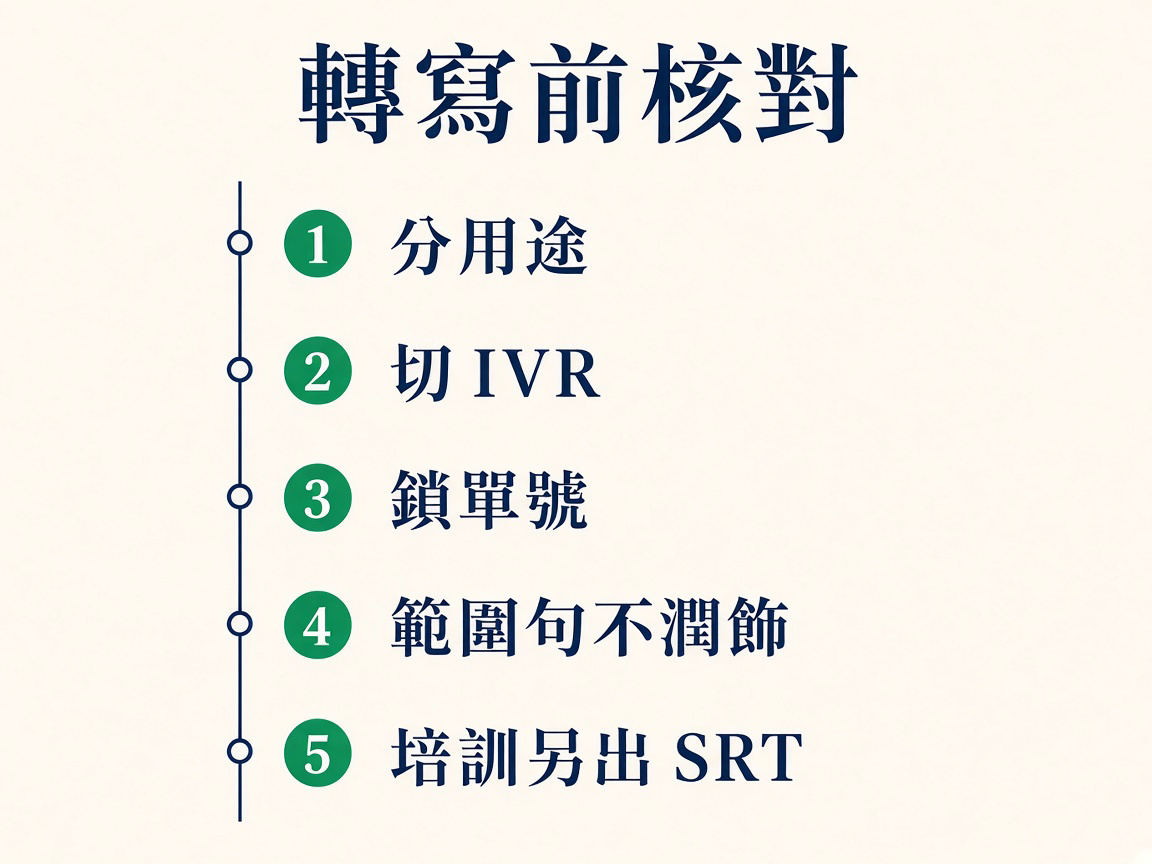 核對清單：分用途、切 IVR、鎖單號金額、範圍句不潤飾、培訓片另出 SRT