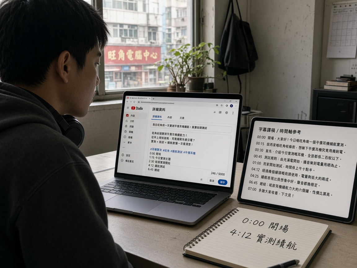 創作者在書桌前對照字幕稿與 YouTube 簡介欄,螢幕顯示時間戳清單草稿