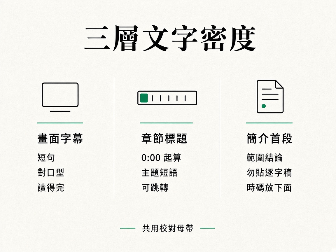 三欄圖解:畫面字幕要短、章節標題要能跳轉、簡介首段寫範圍不要貼整份逐字稿