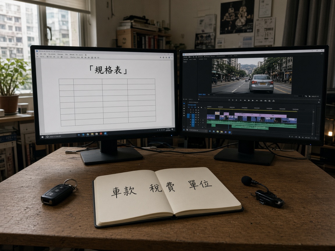 香港室內試車後製桌：一邊是代理規格 PDF，一邊是字幕時間軸，筆記本分三欄寫車款、稅費、單位