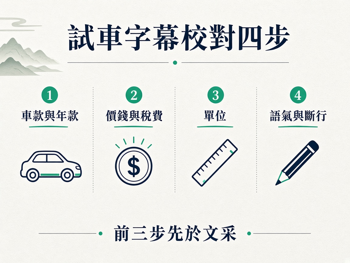 資訊圖列出試車字幕校對四步：車款與年款、價錢與稅費、單位、語氣與斷行