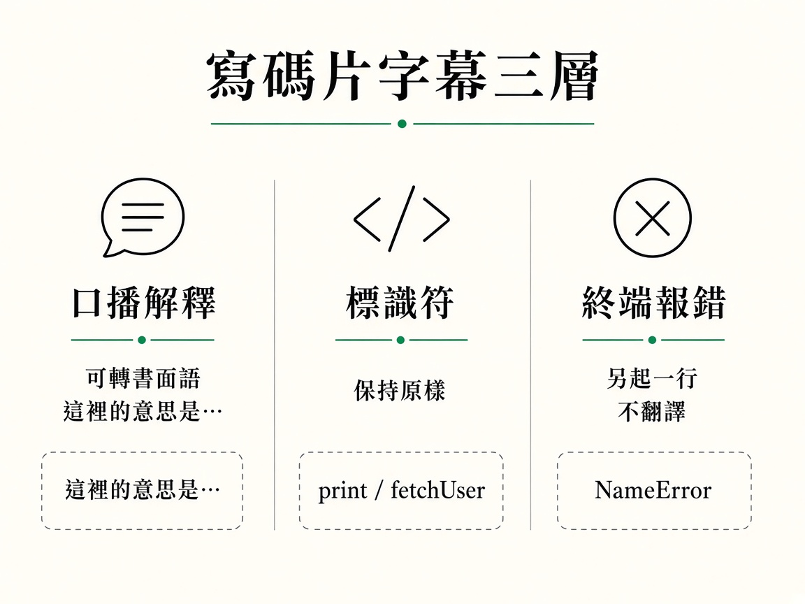 三欄圖解:口播可轉書面、標識符保持原樣、報錯另起一行不翻譯