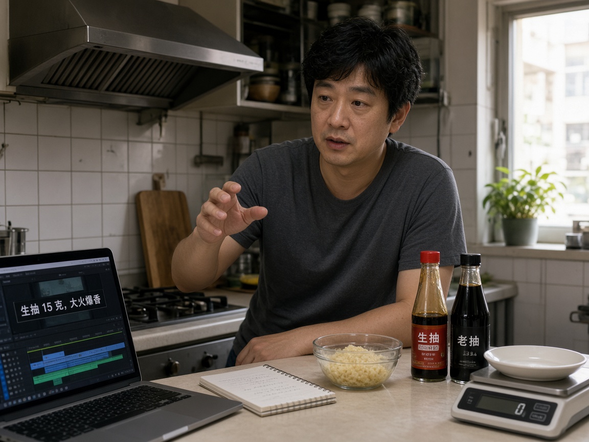 香港開放式廚房裡，創作者對着秤與醬料瓶解說步驟，手提電腦顯示書面語字幕草稿