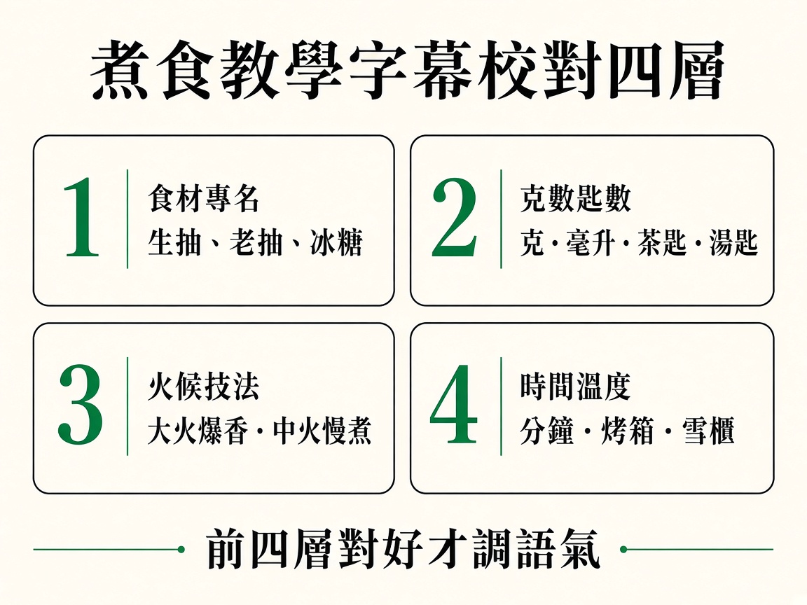 四層校對示意：食材專名、克數匙數、火候技法、時間溫度