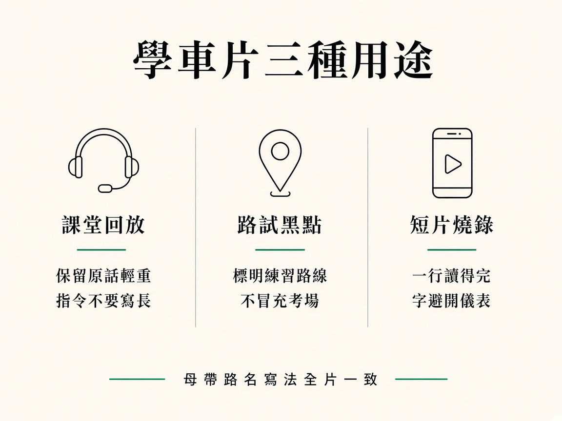 三欄圖：課堂回放要保留原話輕重、路試黑點要標練習路線、短片燒錄要短句抬高
