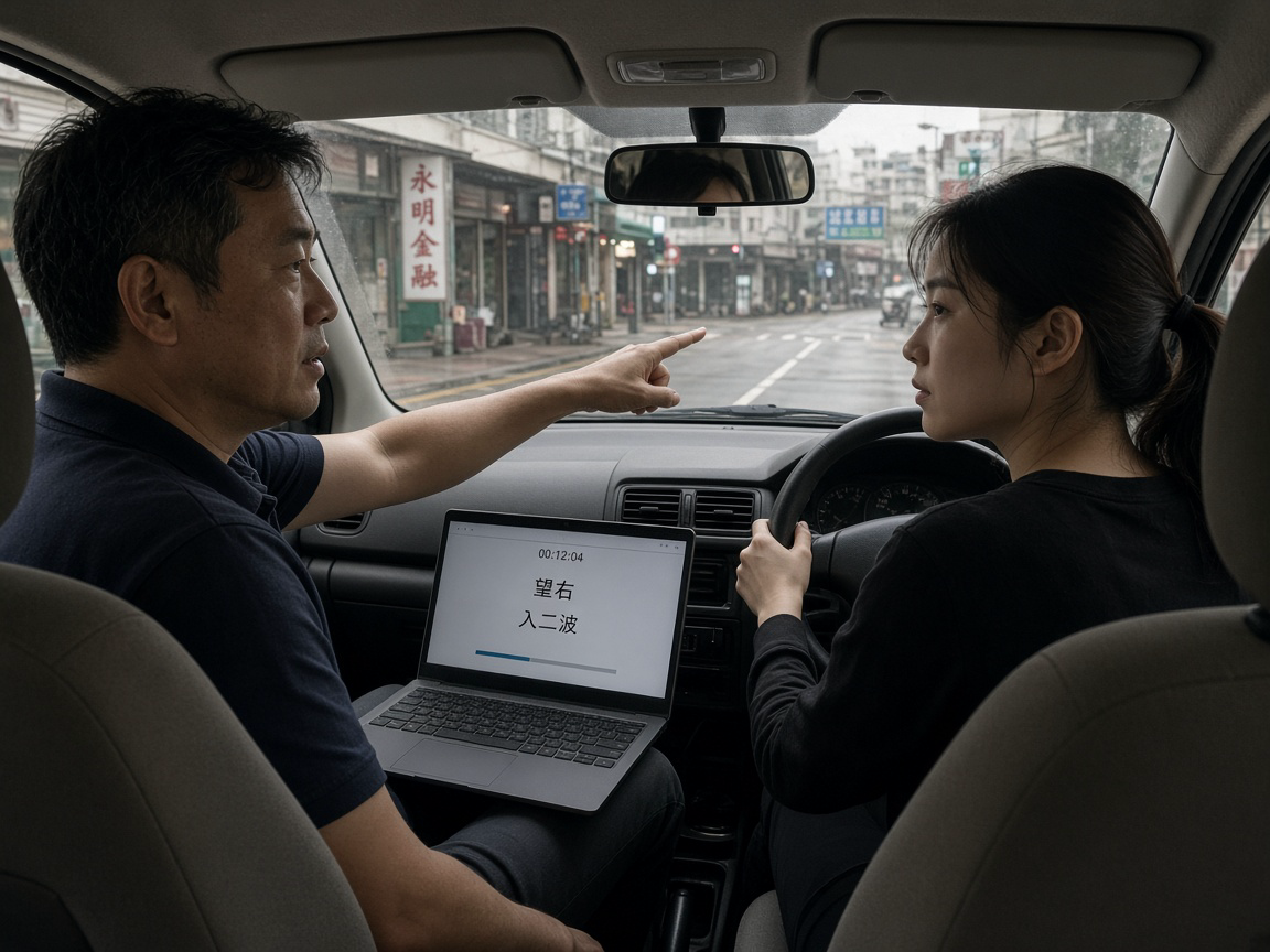 香港雙控制私家車副駕：教練指出風擋前路口，筆記型電腦放在膝上顯示帶時間碼的學車字幕草稿
