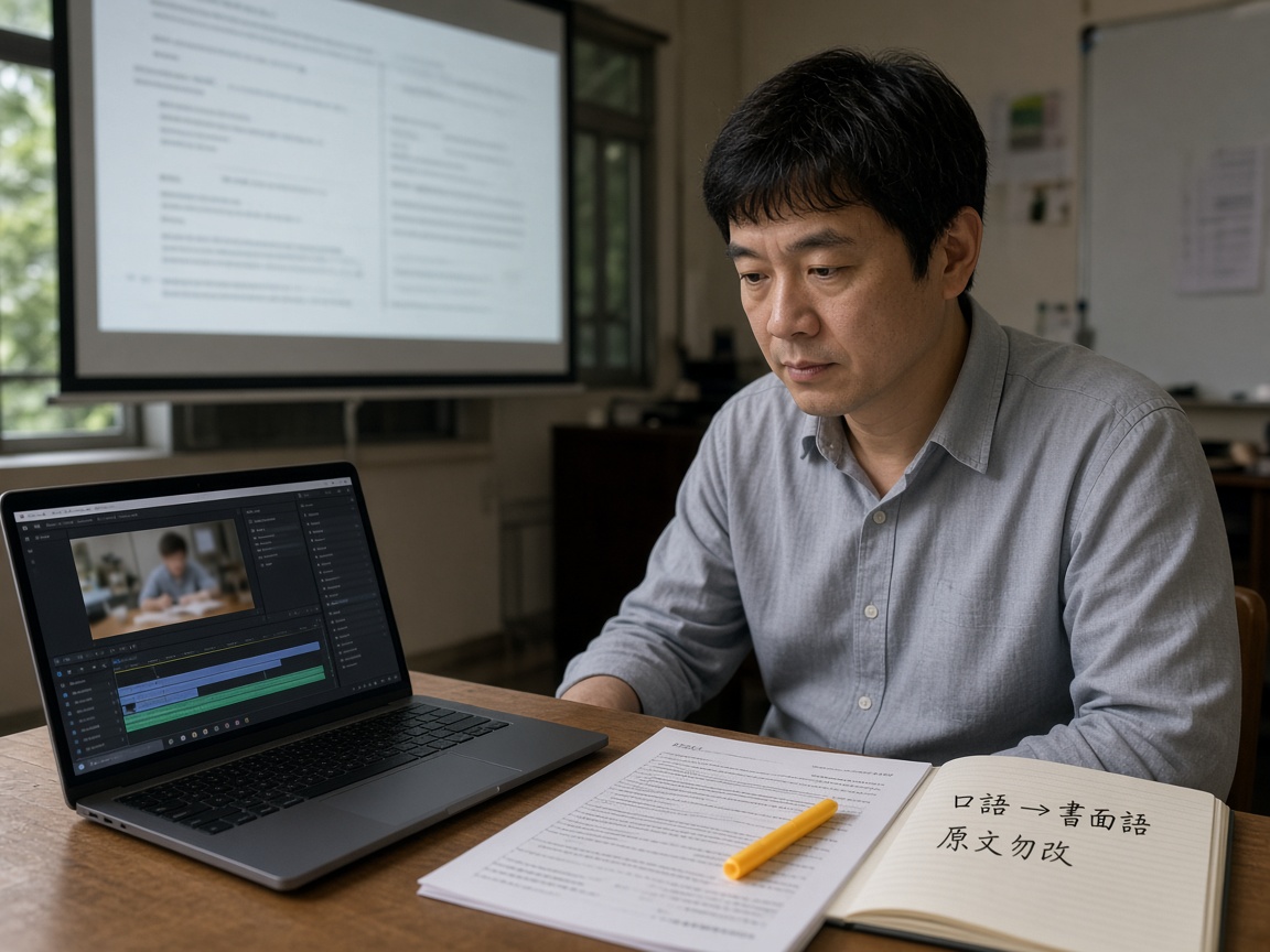 香港補習教室：導師對着投影試題講解，筆記本寫着原文勿改，手提電腦顯示字幕時間軸