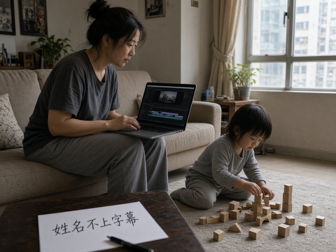 香港客廳午後：家長在沙發旁剪片，小孩在地毯玩積木，筆記本寫着姓名不上字幕