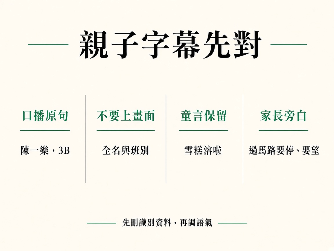 四欄對照：口播原句、不要寫上畫面的識別資料、保留的童言、家長旁白書面句