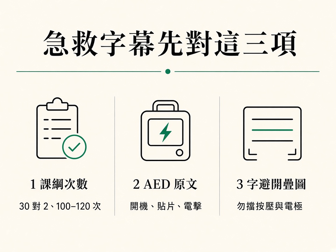 三欄圖:課綱次數、AED 原文、字幕避開疊圖