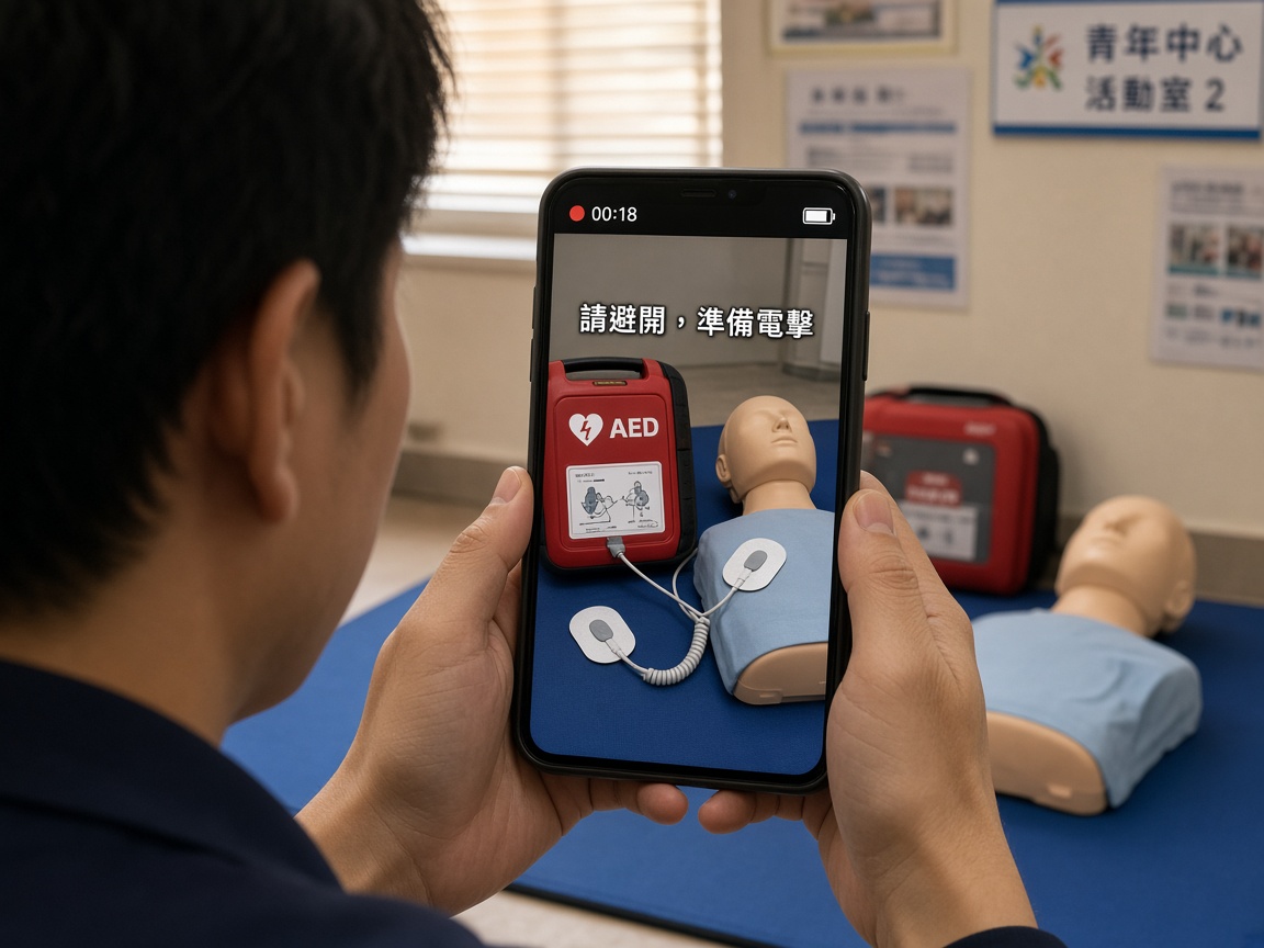 導師用手機直式拍攝訓練用 AED 與人偶,畫面字幕寫「請避開,準備電擊」,字位抬高不擋電極示意