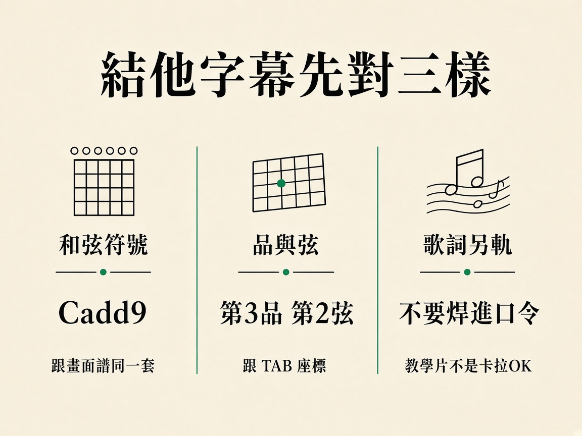 三欄圖：和弦符號要跟譜、品數要跟 TAB、歌詞不要當成口令