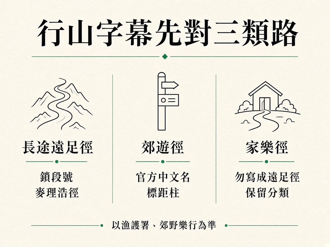 三欄圖：長途遠足徑要鎖段號、郊遊徑要對官方名、家樂徑不要寫成遠足徑
