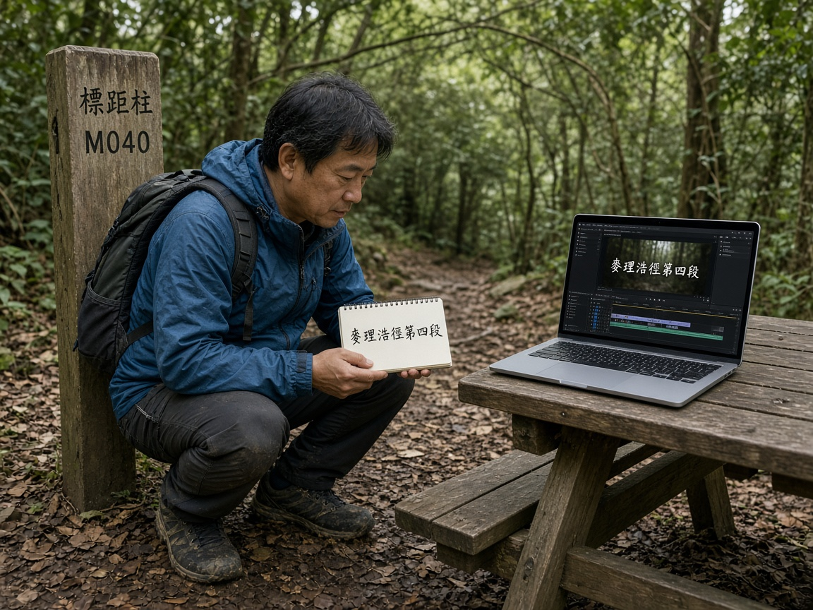香港郊野公園登山口：行山客對着標距柱核對手寫路線清單，筆記型電腦顯示帶時間碼的字幕草稿