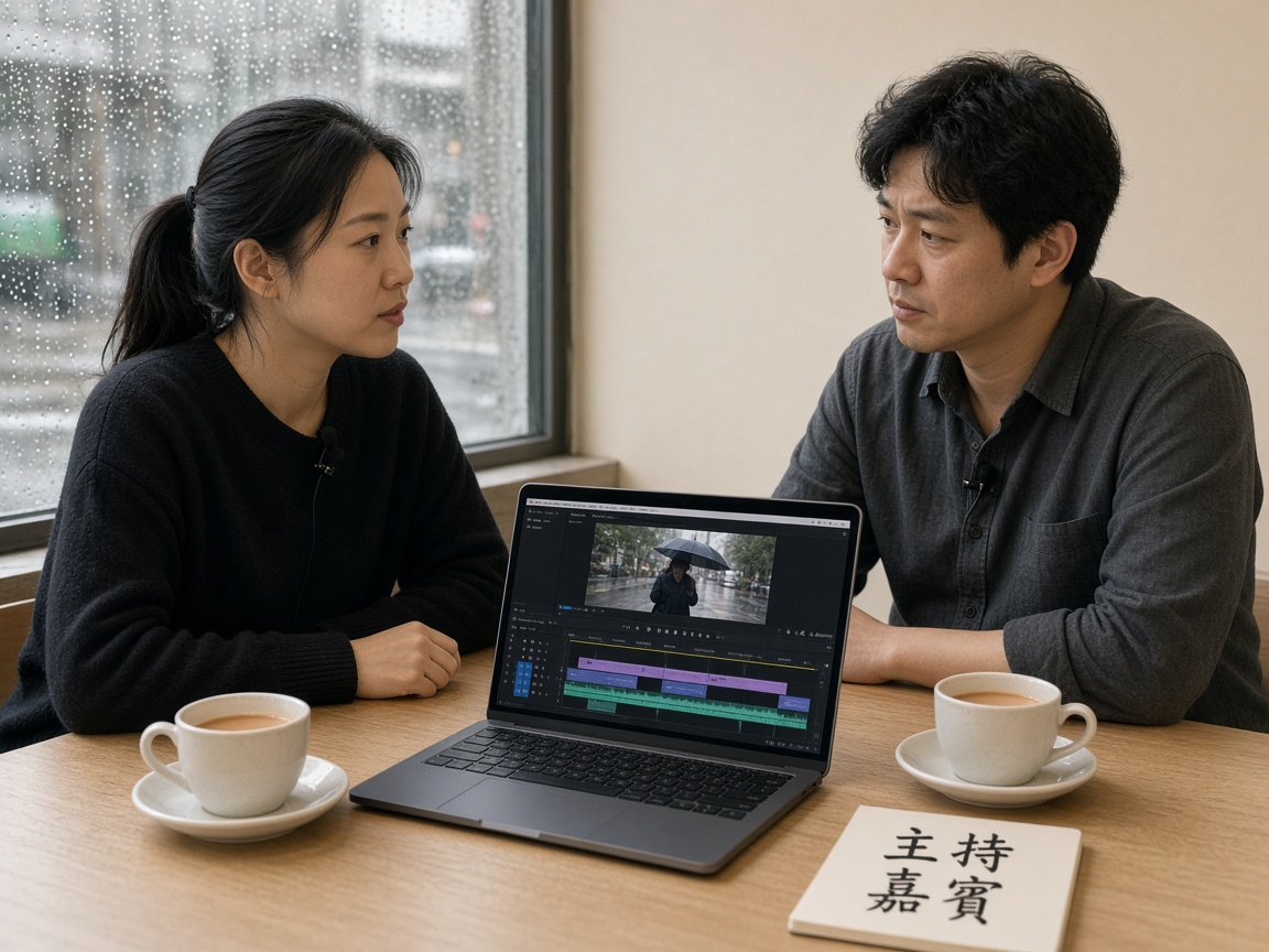 兩人在香港茶餐廳對談，桌上放領夾咪與筆記型電腦，螢幕顯示字幕時間軸
