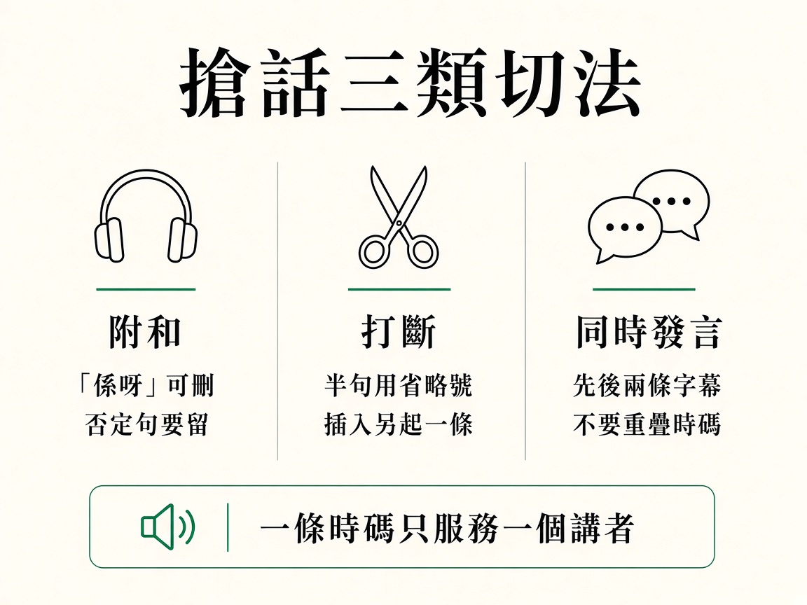 三欄圖解：附和可刪、打斷用省略號另起、同時發言改為先後兩條字幕