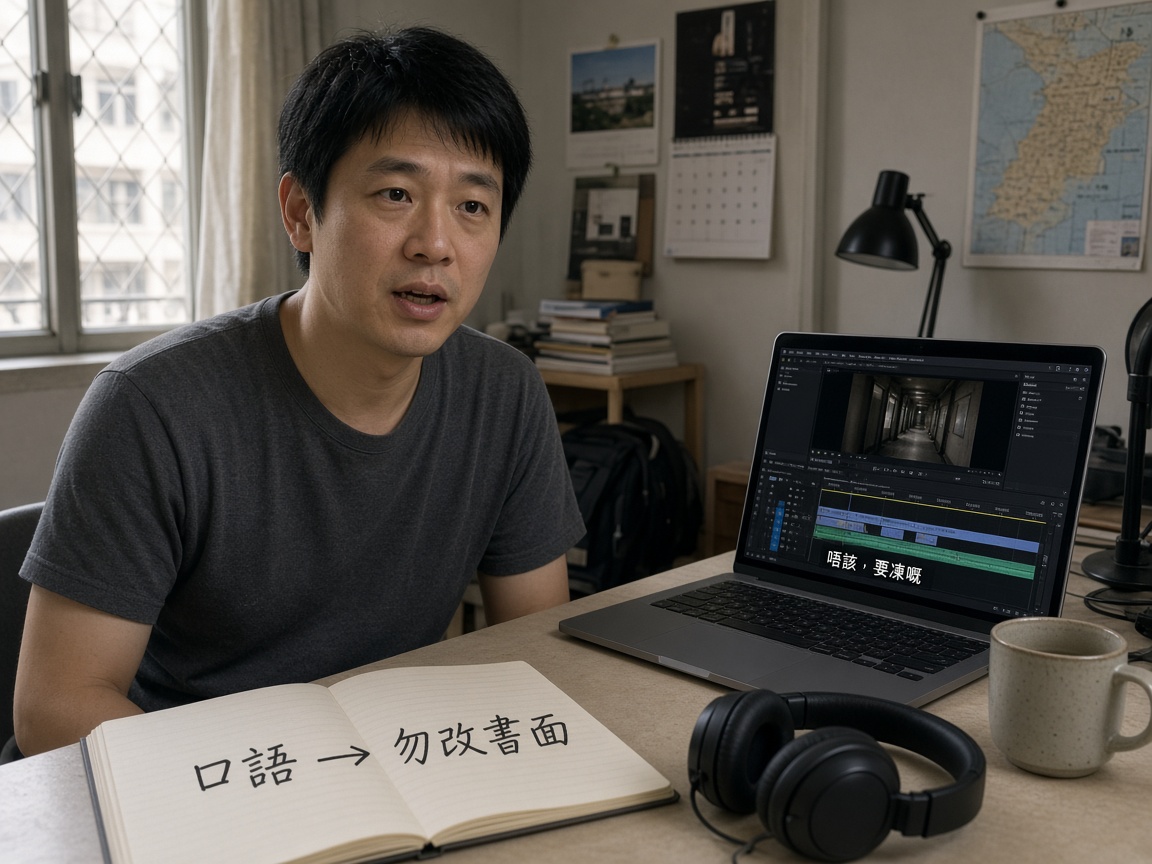香港導師在書桌前對鏡頭慢讀例句，筆記本寫着口語勿改書面，旁邊螢幕顯示字幕時間軸