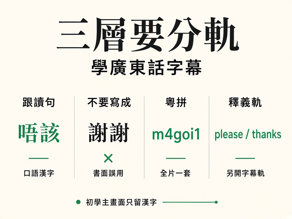 四欄對照圖：口語漢字、不要寫成的書面語、粵拼、英文釋義分軌