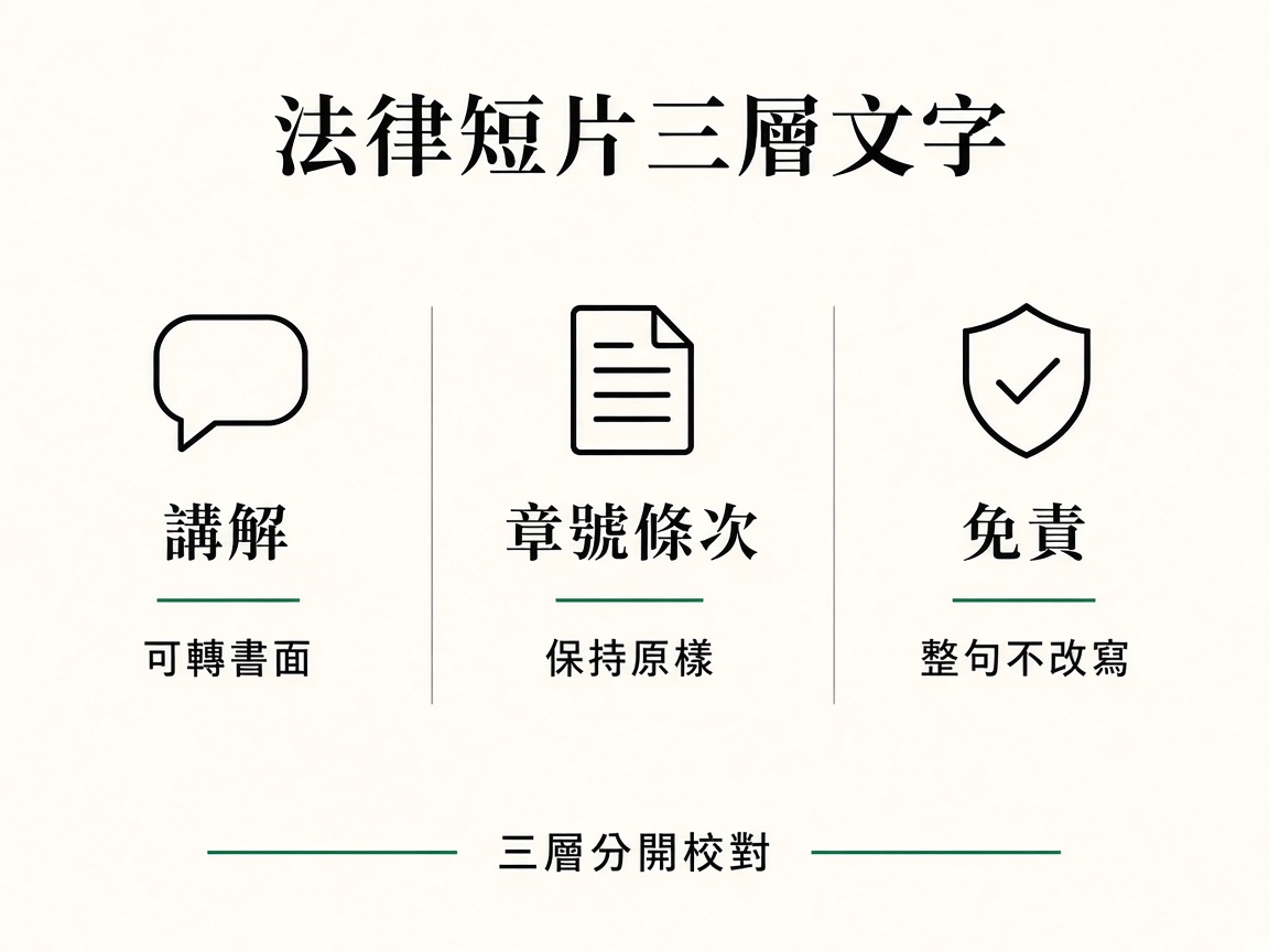 三欄圖解：講解可轉書面、章號條次保持原樣、免責整句不改寫