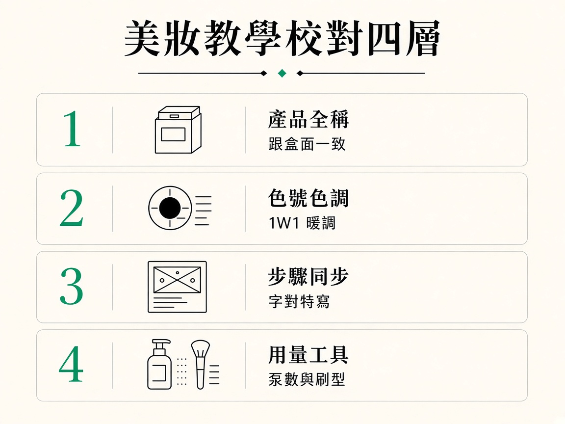 四層校對示意：產品全稱、色號色調、步驟同步、用量工具