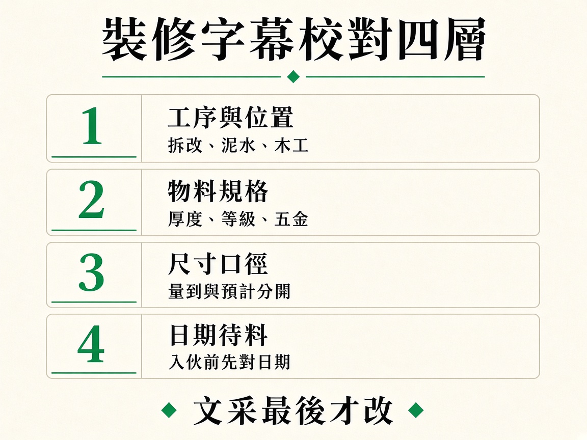 四層校對示意：工序與位置、物料規格、尺寸口徑、日期待料