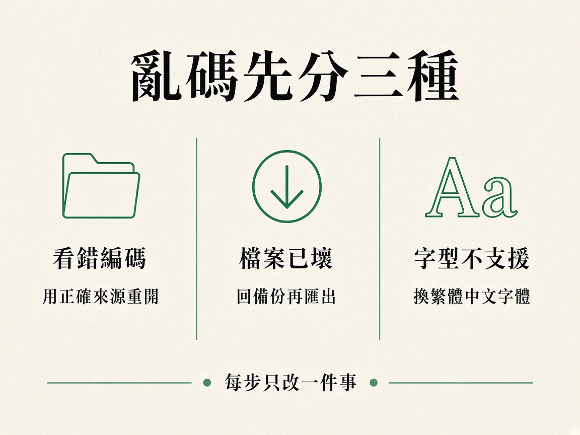 三欄圖：看錯編碼可重開、檔案已壞要回備份、字型不支援只換中文字體