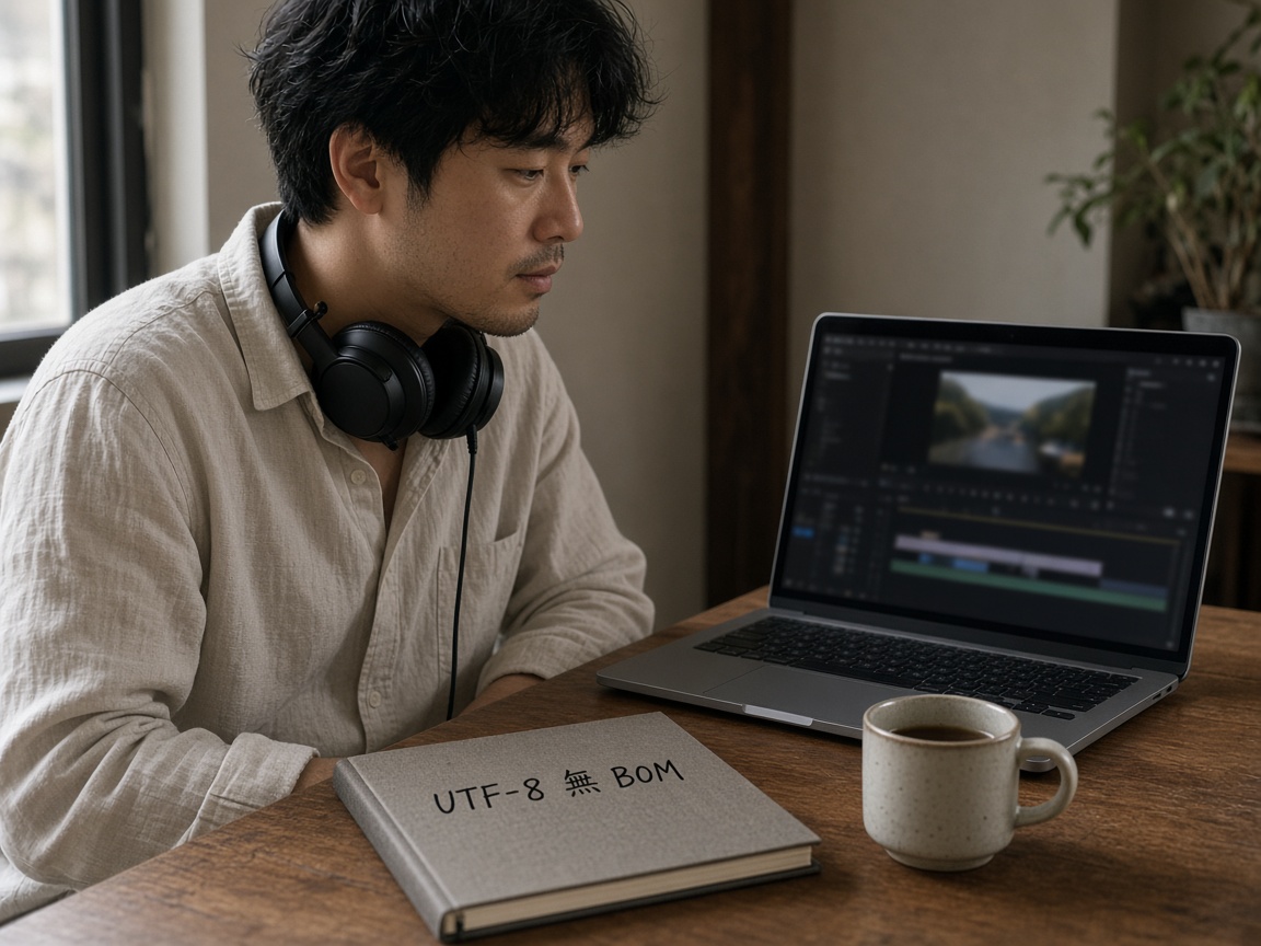 創作者在書桌前對照兩份字幕檔，筆記本寫着 UTF-8 無 BOM