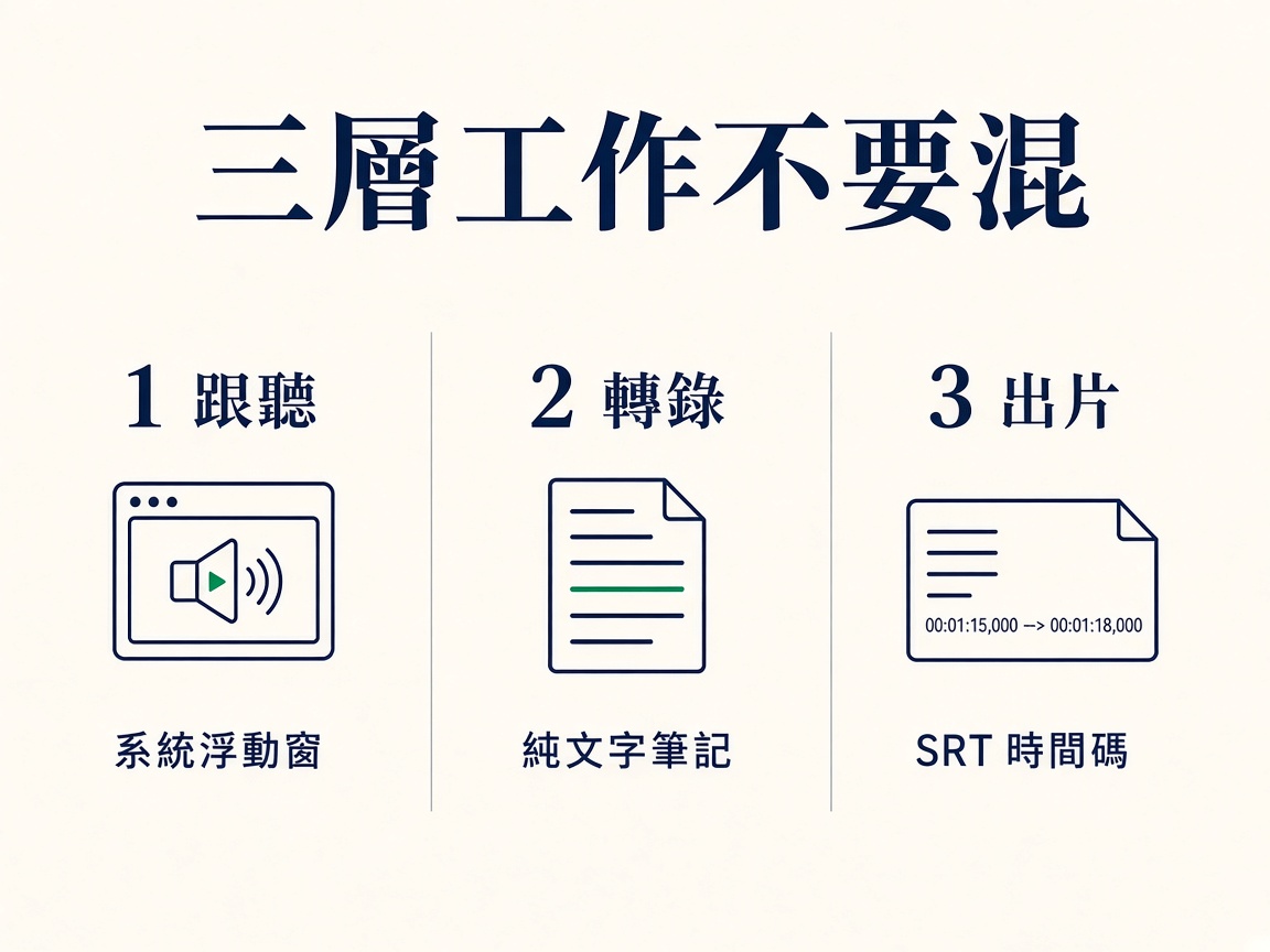 三欄圖：跟聽系統浮動窗、轉錄純文字筆記、出片 SRT 時間碼