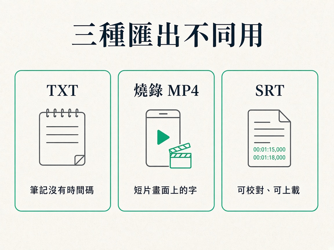 對照圖：左欄 TXT 筆記、中欄燒錄直式短片、右欄帶時間碼的 SRT