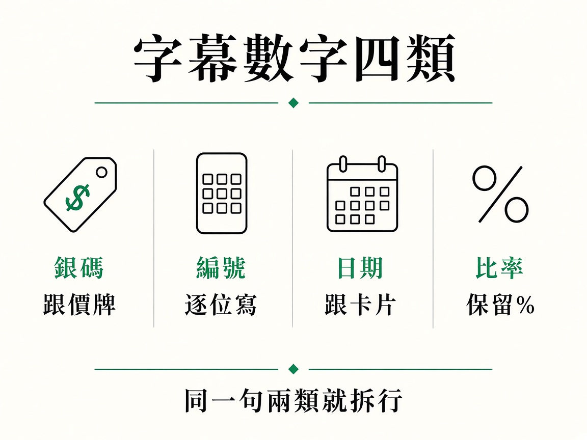四格示意：銀碼跟價牌、電話逐位、日期跟卡片、百分號跟圖表，四類不要混寫