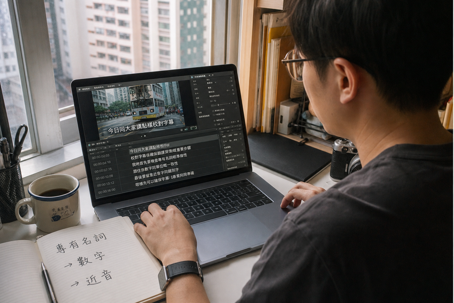 創作者在筆電上校對廣東話字幕，旁邊筆記本寫着專有名詞到近音的檢查順序
