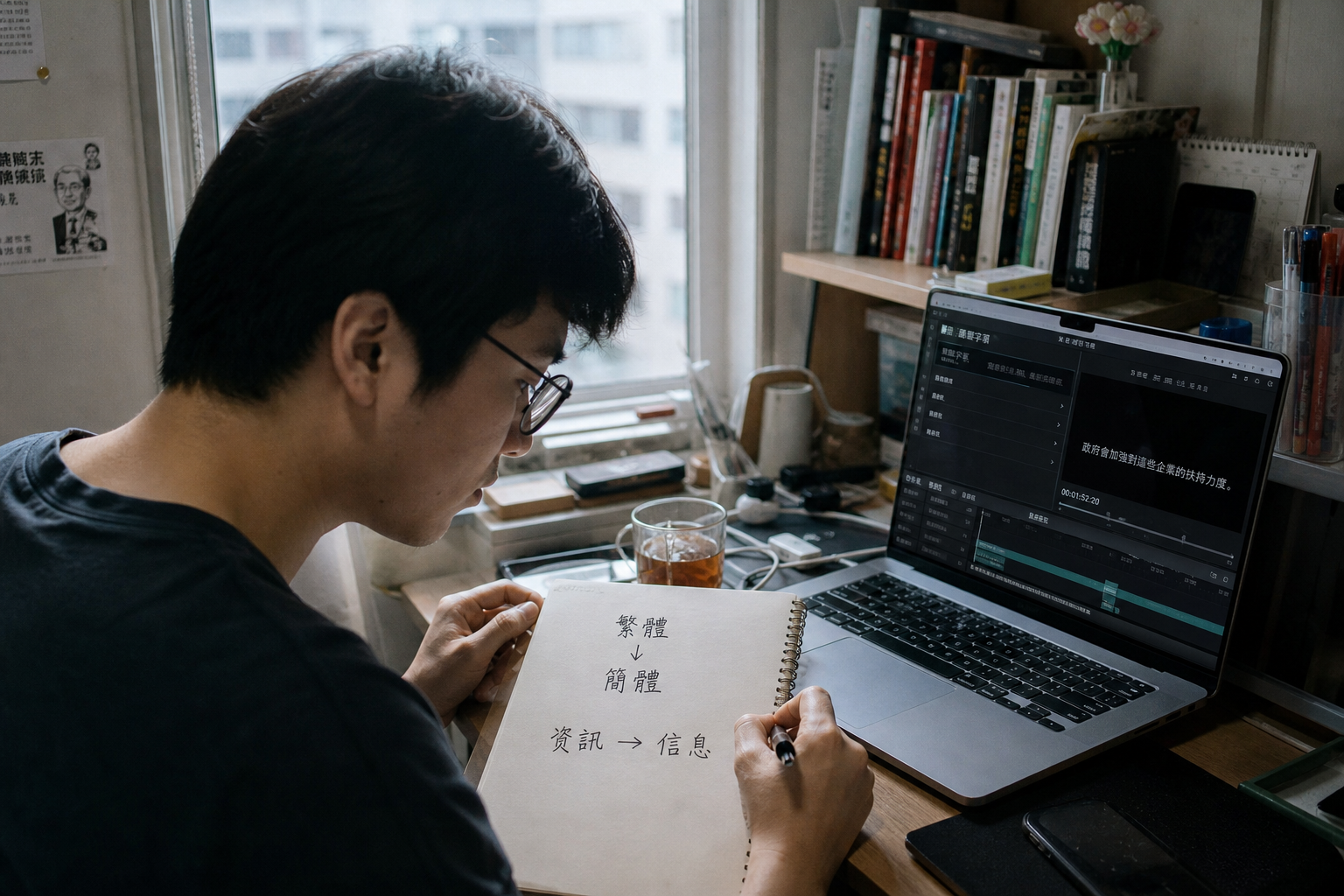 創作者在窗邊對照筆電字幕稿與手寫「繁／簡」筆記，桌上放著兩支顏色筆