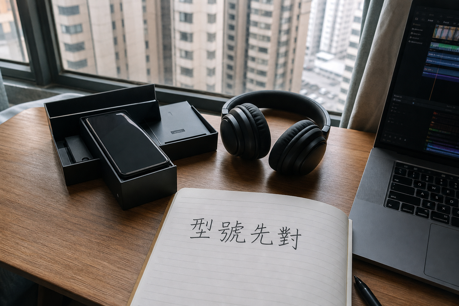 香港單位書枱：打開的手機盒、頭戴式耳機、筆記電腦時間軸，筆記本手寫「型號先對」