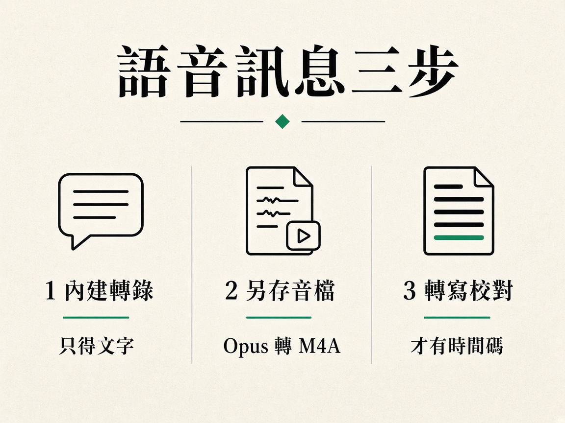 三欄圖：內建轉錄只得文字、另存得到音檔、轉寫後才有時間碼