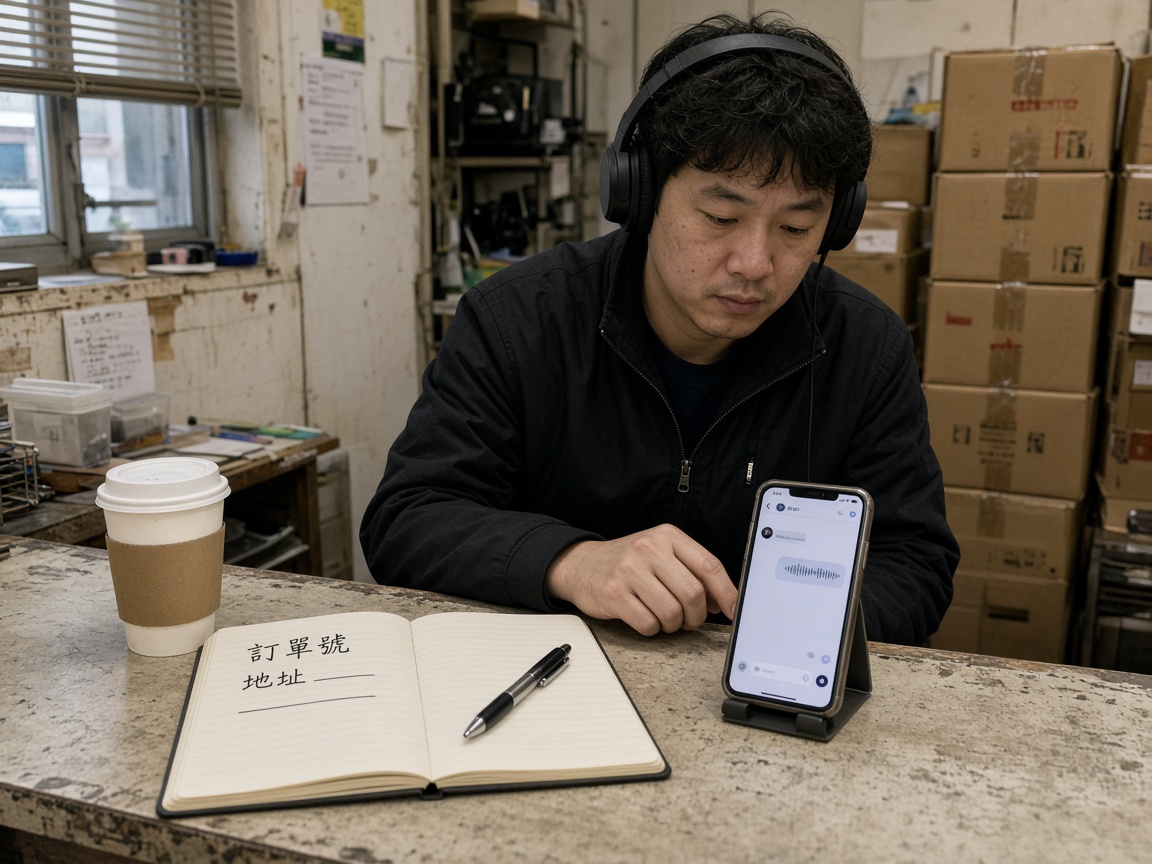 店員在店後櫃台用耳機聽手機語音訊息，筆記本寫着訂單號與地址
