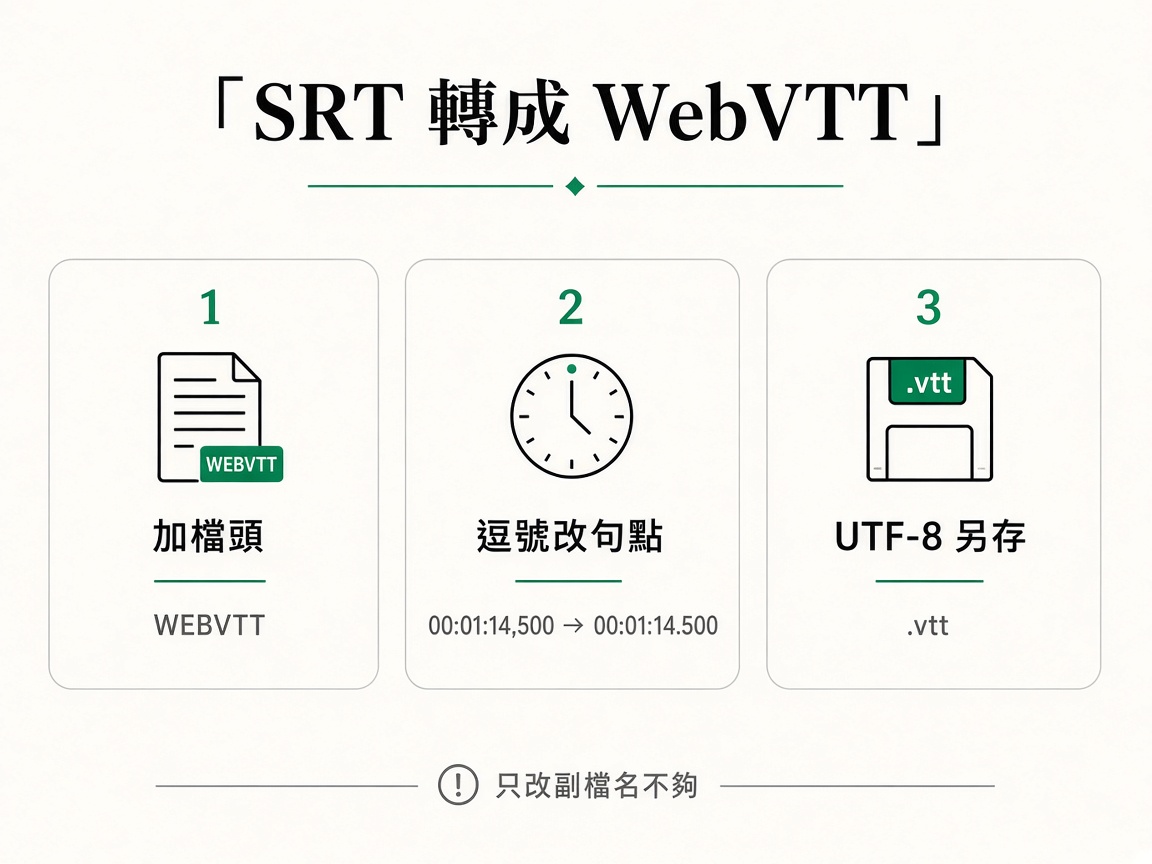 三步把 SRT 轉成網站用的 WebVTT：加檔頭、逗號改句點、UTF-8 另存