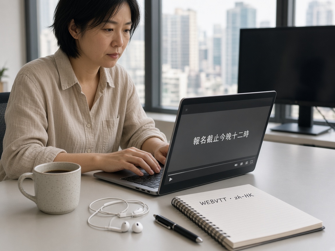 編輯在辦公室把廣東話字幕掛進網頁播放器，螢幕顯示影片預覽與側欄程式碼