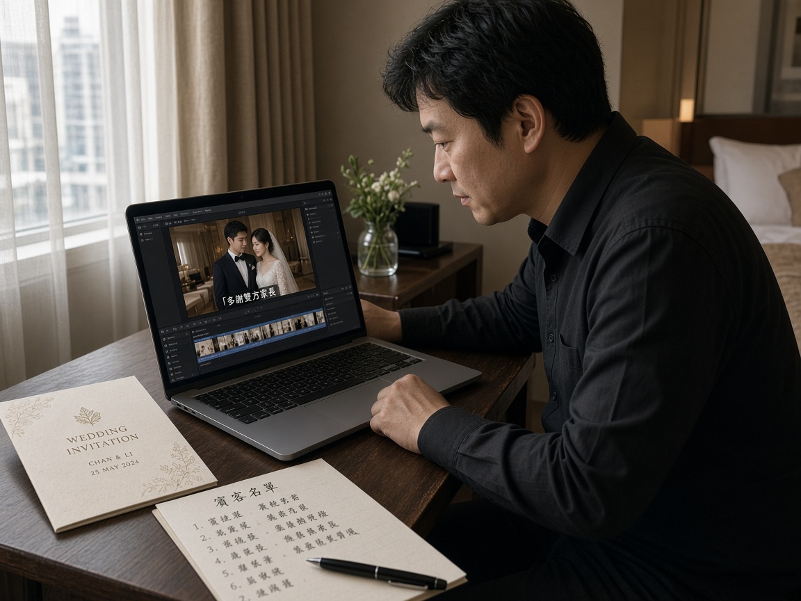 酒店套房工作枱：攝錄師對着手提電腦校對書面語字幕，旁邊放着請柬與姓名清單