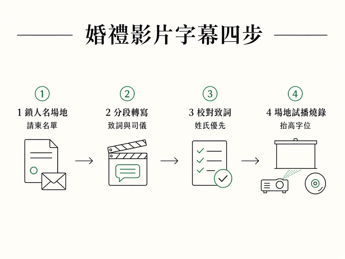 四步流程圖：鎖人名場地、分段轉寫、校對致詞、場地試播燒錄