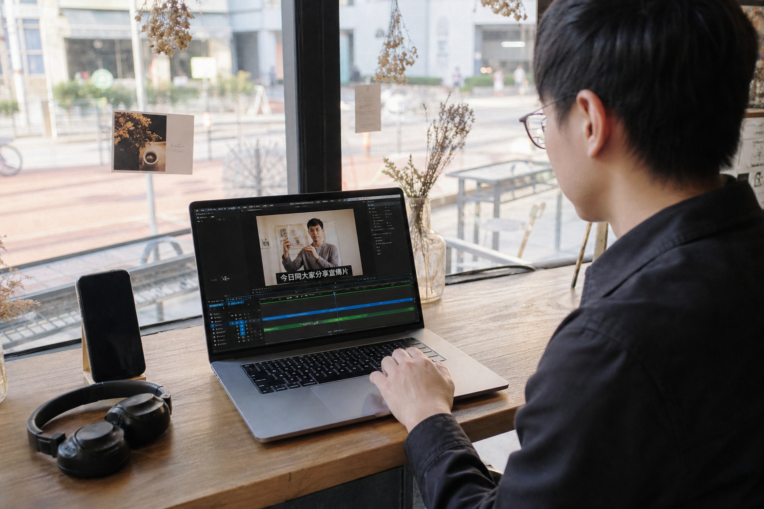 創作者在咖啡店用筆記型電腦開啟 Canva 介面，旁邊放著直式手機與耳機
