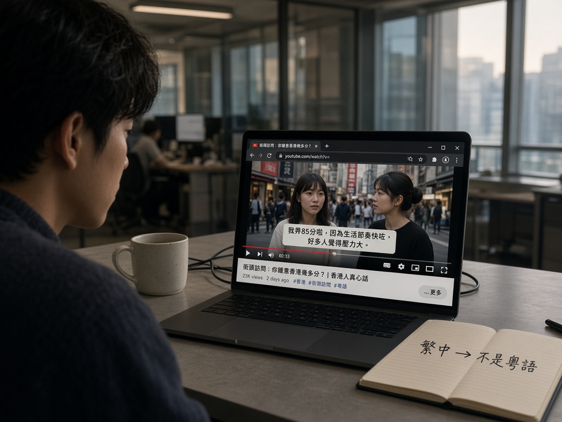 開放式辦公室裡，筆電 Chrome 視窗下方浮着即時字幕泡泡，分頁正在播放廣東話街訪，旁側筆記本寫着繁中不是粵語