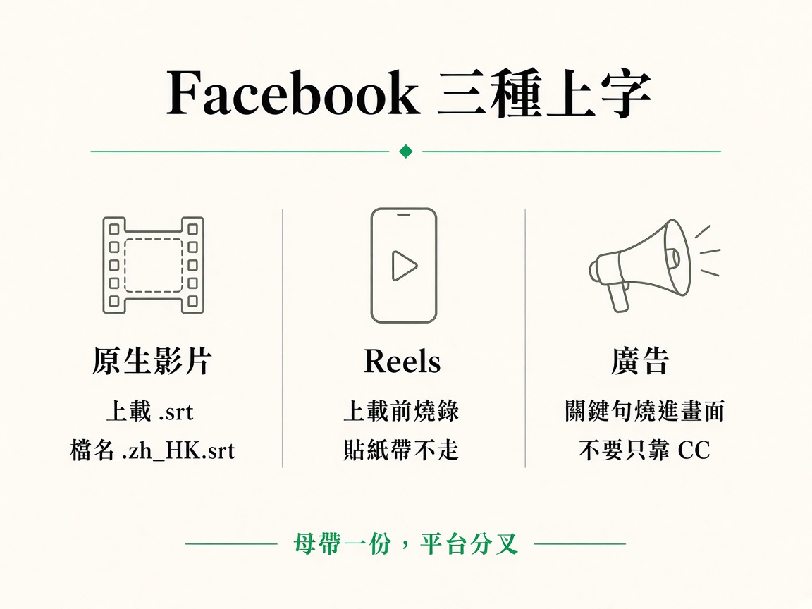 三欄圖:原生影片上載 zh_HK 的 SRT、Reels 先燒錄、廣告把關鍵句寫進畫面