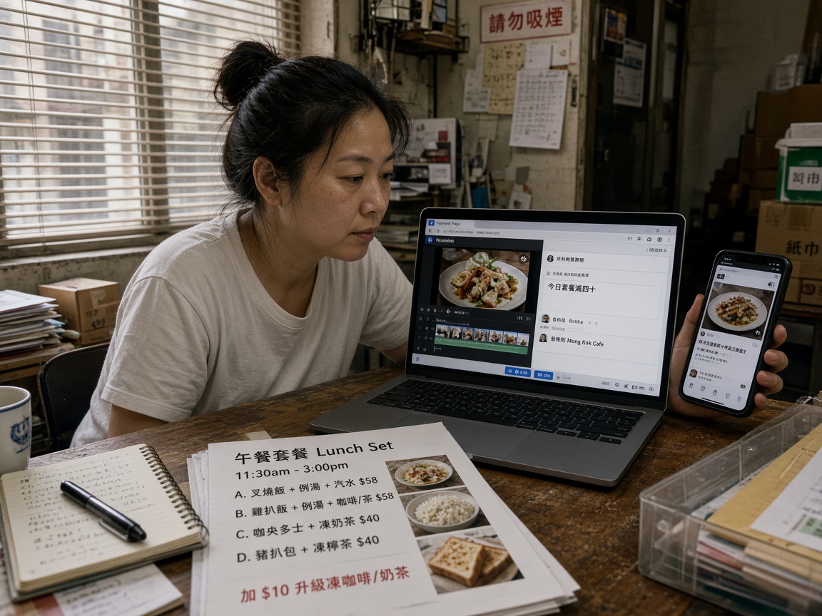 香港小店負責人在桌前用手提電腦編輯專頁影片,旁邊手機靜音預覽動態消息