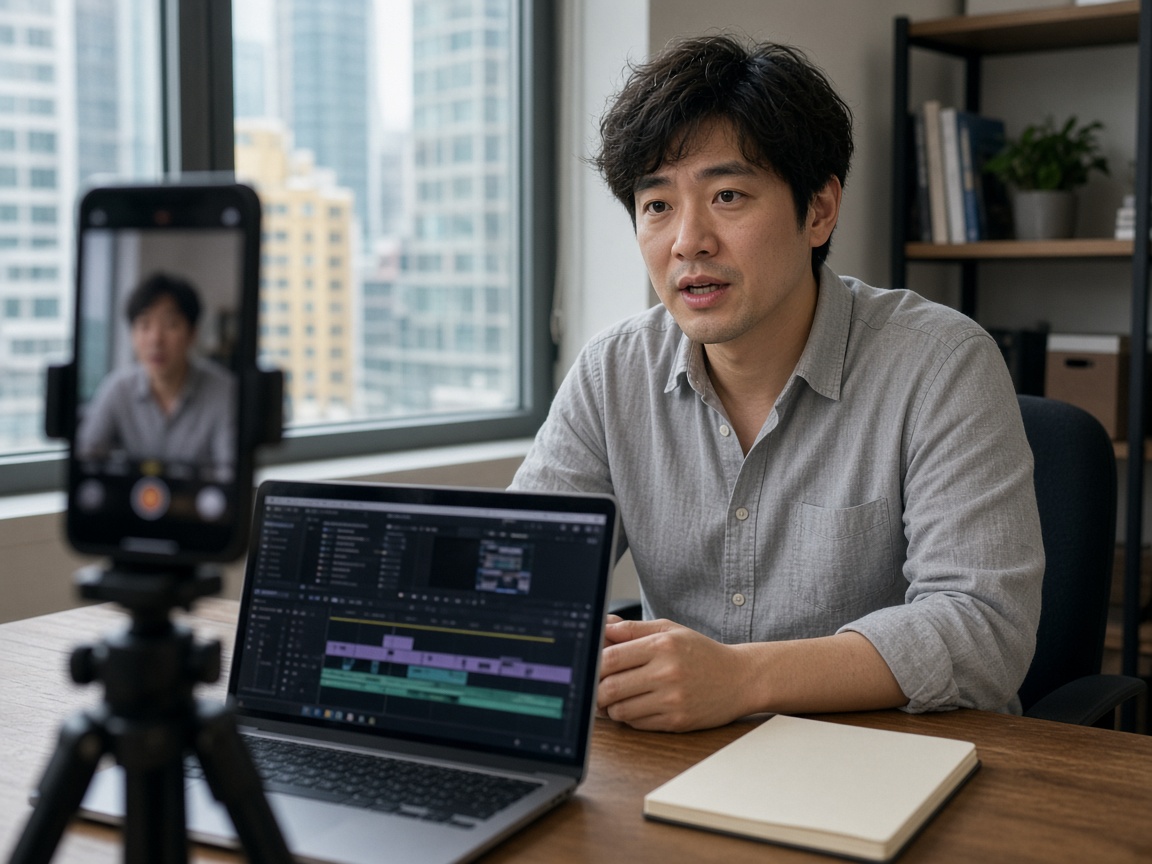香港辦公室窗邊，講者面對腳架上的手機拍攝職場短片，桌上有手提電腦與空白筆記本