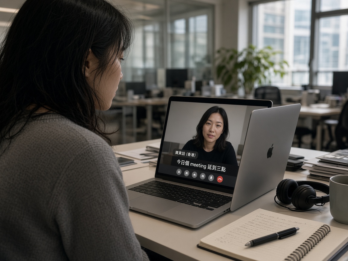 香港開放式辦公室裡,Apple 筆電螢幕旁浮著即時字幕視窗,語言標示廣東話香港,講者正在視像會議